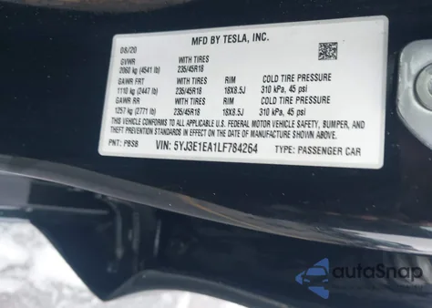 2020 Tesla Model 3 Standard Range Plus Rear-Wheel Drive/Standard Range Rear-Wheel Drive z USA, uszkodzony, nr VIN 5YJ3E1EA1LF784264